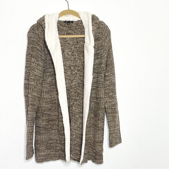 Lety & Me  Women's Cozy Brown Hooded Knit Cardigan w/Faux Sherpa Lining Size M - Picture 1 of 5